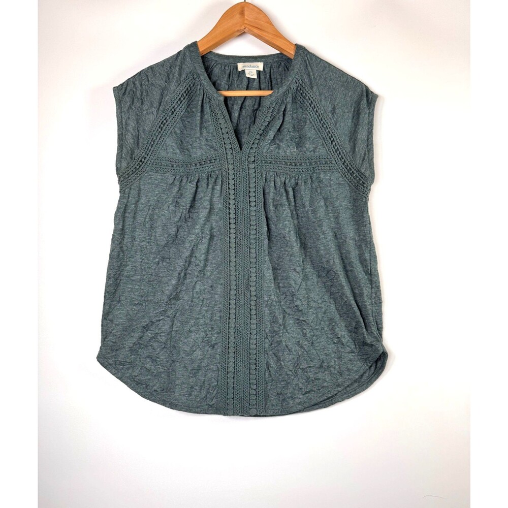 Sundance Crinkle Blouse Women Small Petite Green Gray Crochet‎ Trim Boho Top